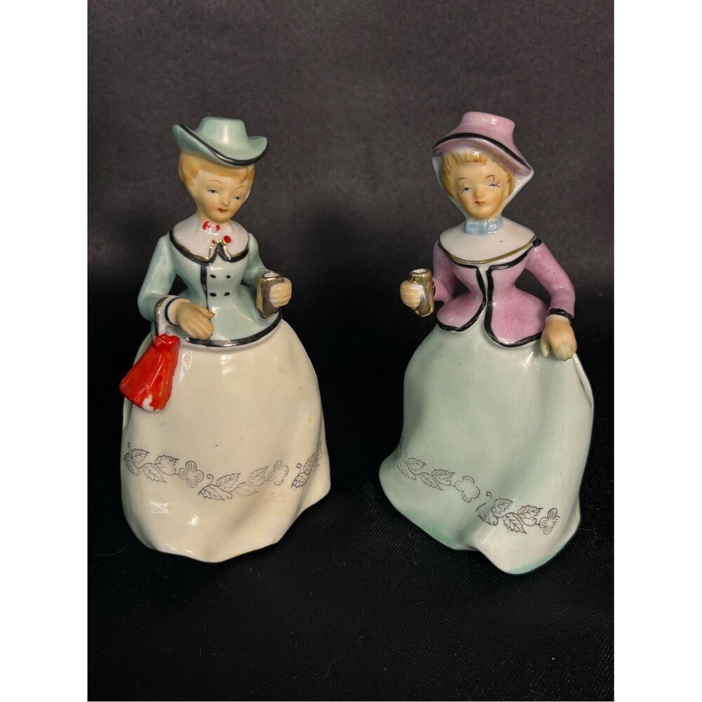 Pair Of Vintage 1940’s Victorian Ladies Bud Vases Porcelain Hand Painted Decor